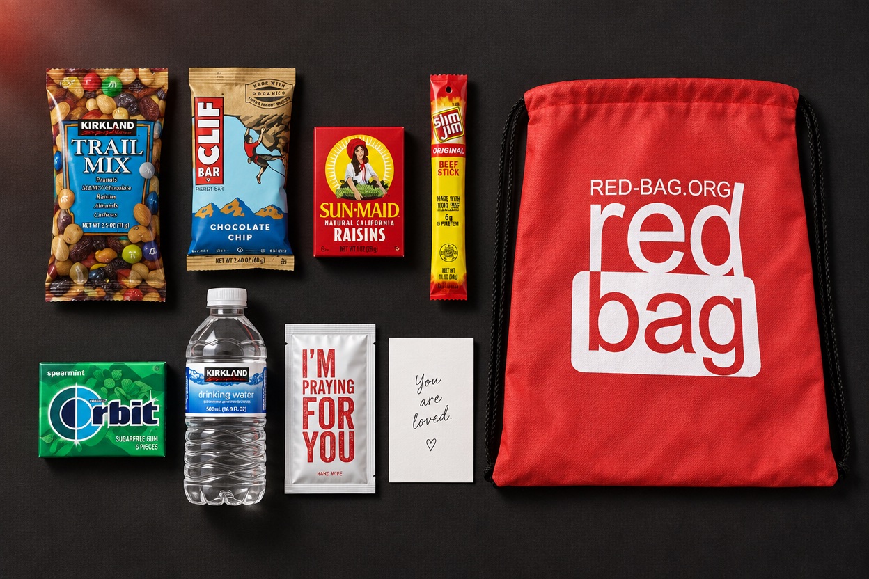 The contents laid out beside a Red Bag: trail mix, a Clif bar, raisins, a beef stick, Orbit gum, a water bottle, a note card, and its envelope reading “I’m praying for you”