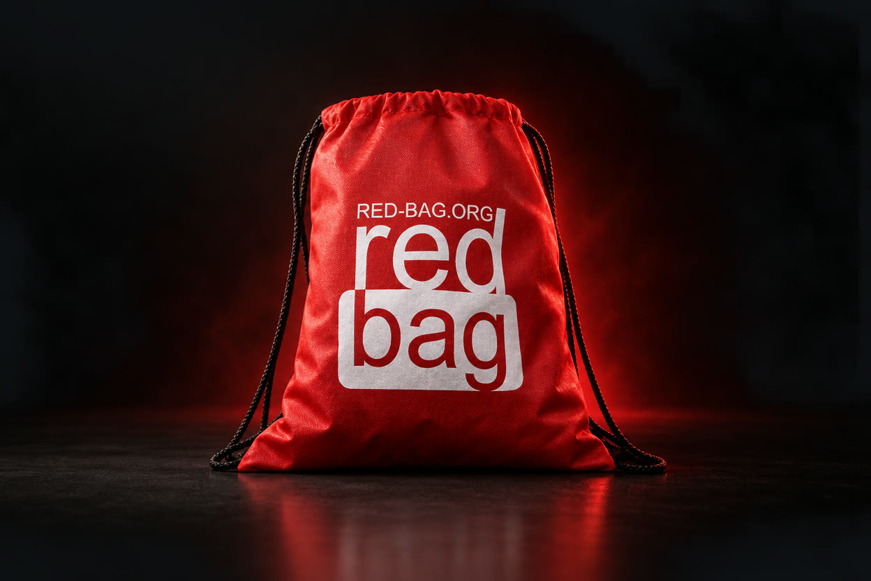 A red drawstring bag printed with the Red Bag logo, lit from behind against a dark backdrop
